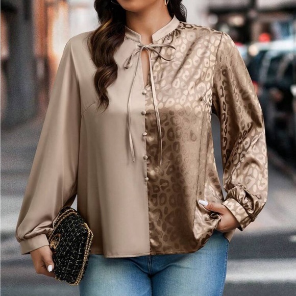 Classic Elegant Two Tone Leopard Print Top Blouse Shirt Blue - Picture 9 of 16